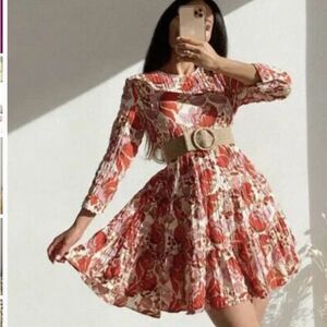 NEW Zara The Sharon Red Pink Floral Print Boho Tiered Oversized Mini Dress S